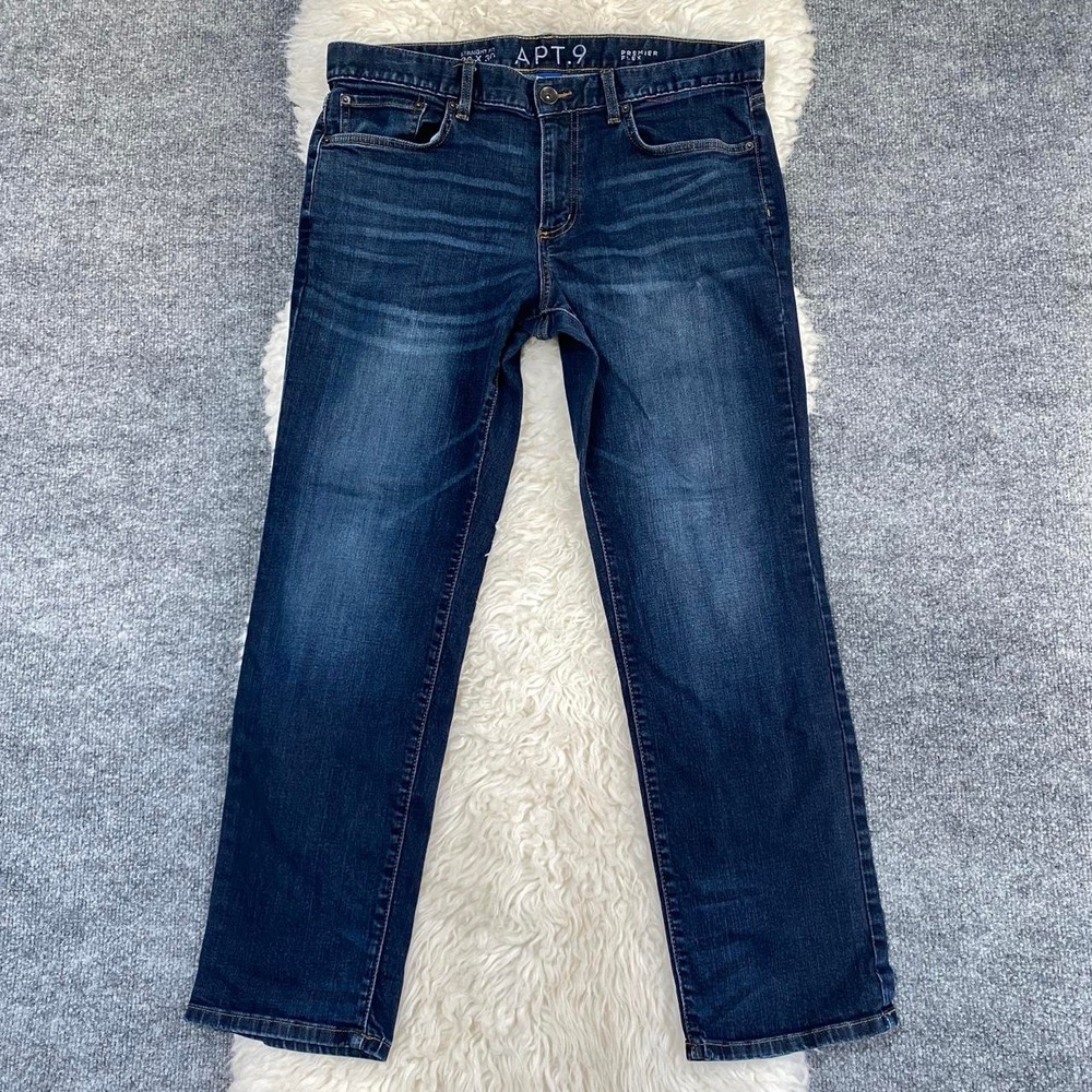 APT. 9 MENS DARK WASH DENIM STRAIGHT FIT PREMIER FLEX JEANS CASUAL STREETCORE